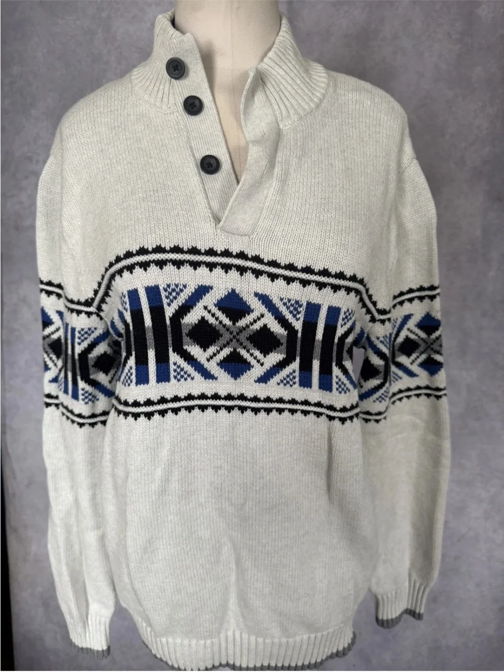 CHAPS Nordic Sweater Men’s S Ivory Fair Isle Mock Neck Cotton